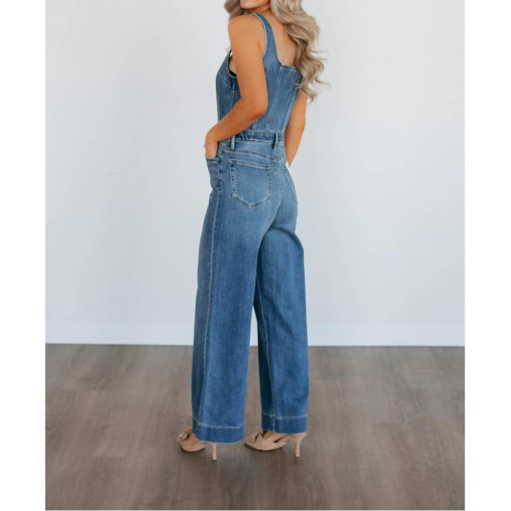 High-Rise Wide Leg Denim Jumpsuit - Blue - Picture 4 of 6